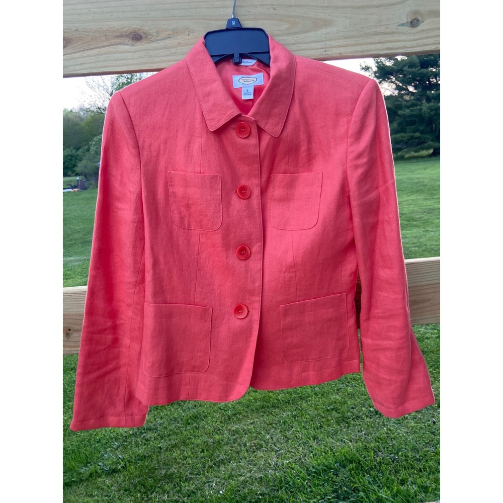 Talbots Coral Pink Irish Linen Blazer Jacket Size 6 Button Front Patch Pockets